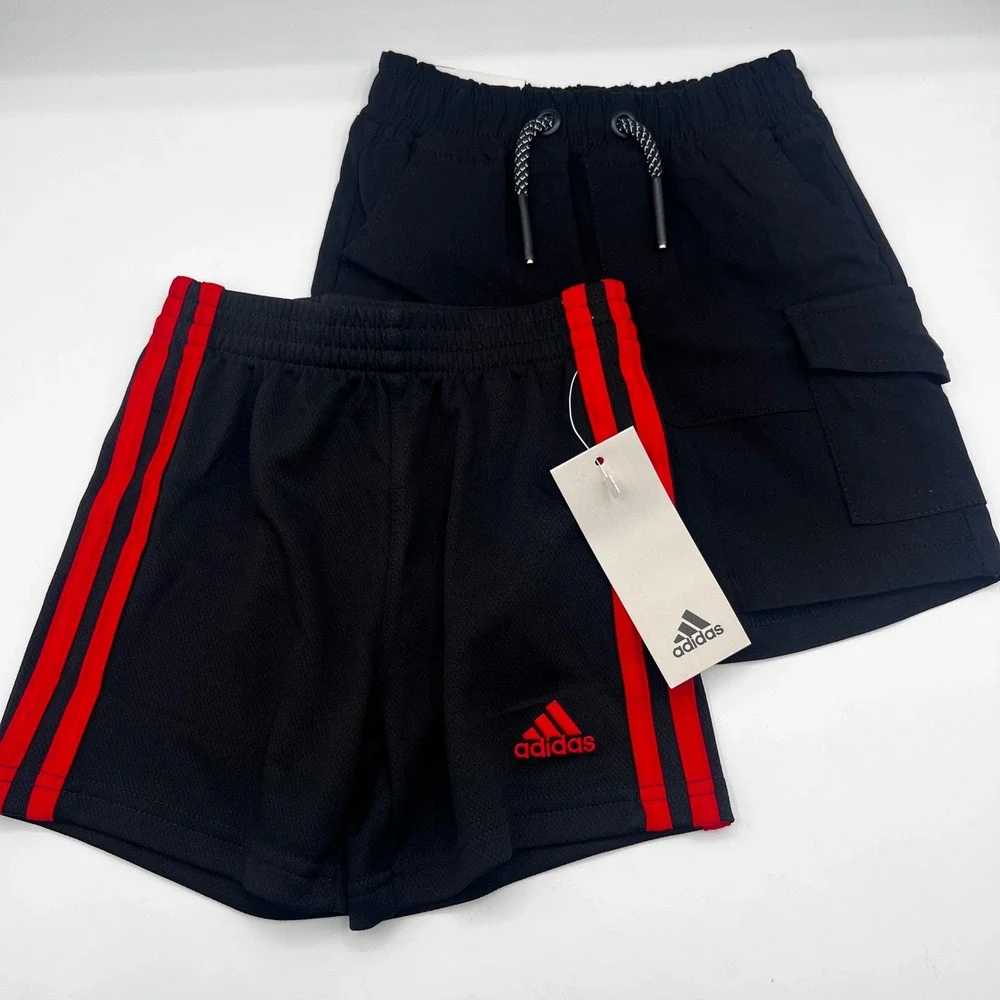 Adidas Boys 2T Shorts Black Red 3 Stripe Athletic Public‎ Supply Cargo 2-Piece